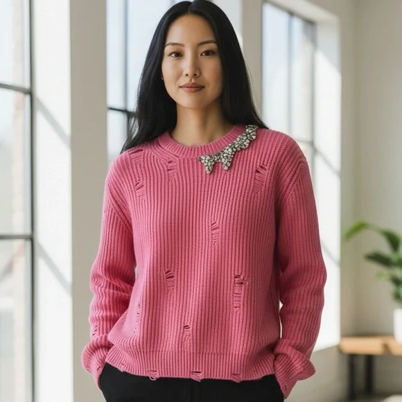 Pinko distressed ribbed knit sweater with a crystal-embellished collar - Picture 5 of 16